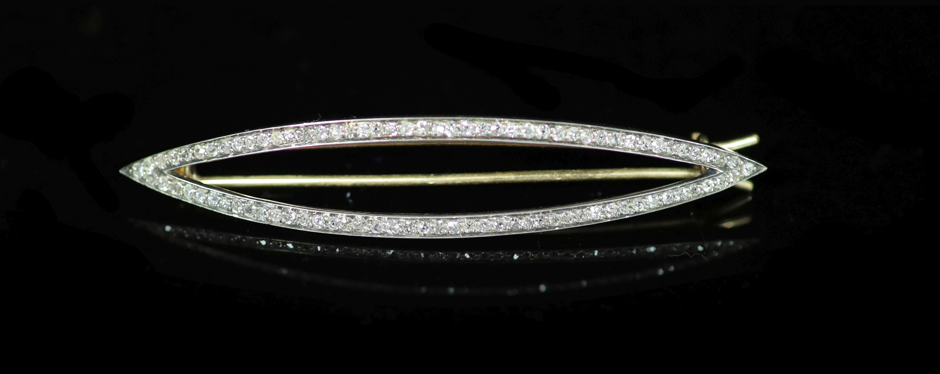 An Edwardian gold, silver and rose cut diamond set navette shaped hair ornament